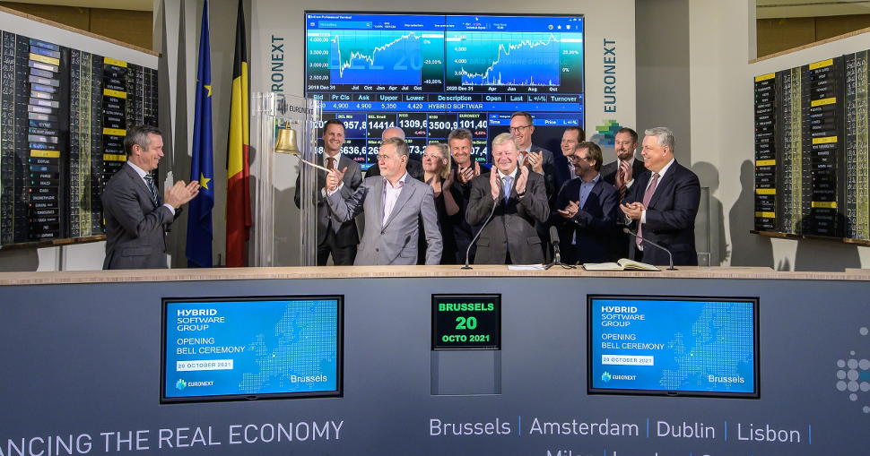Hybrid Software, Chairman Guido Van der Schueren rings the bell to open trading on the Euronext exchange in Brussels.